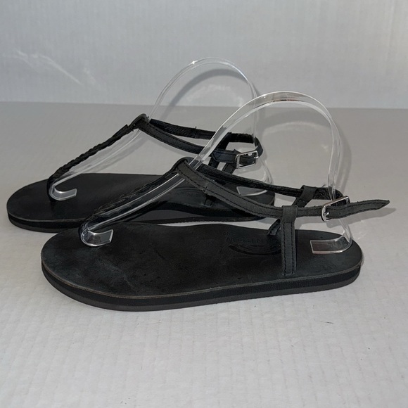 Rainbow Black Braided Leather T- Strap Sandals - Picture 4 of 9